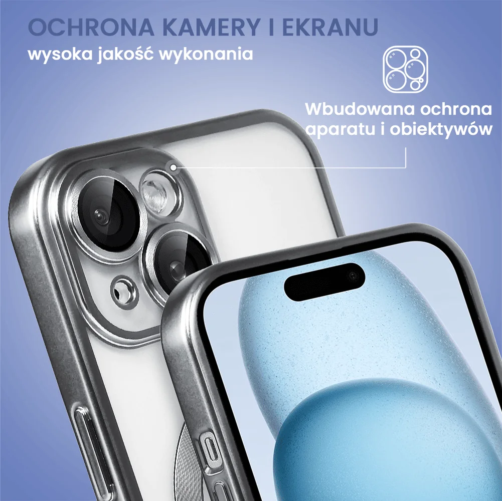 Etui do iPhone 15 Plus MagSafe Luxury Protect przeźroczyste, z osłoną aparatu, Titanium Finish, srebrne