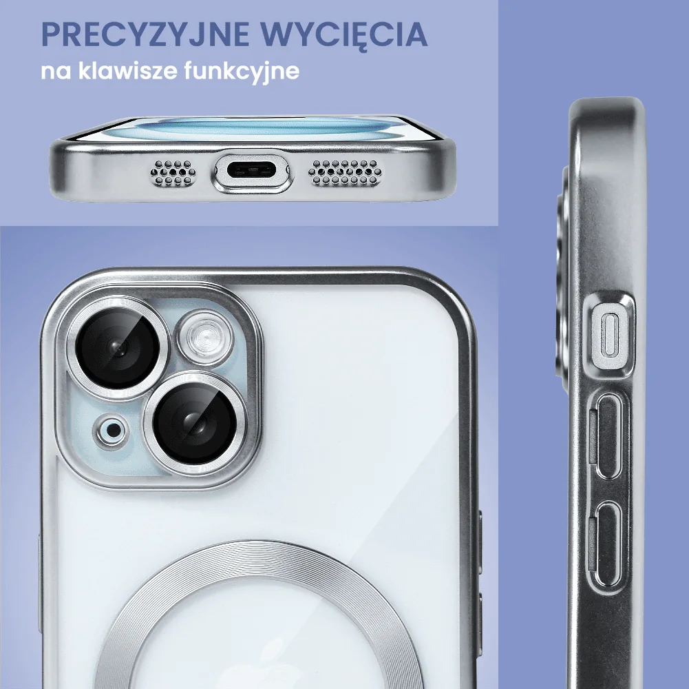 Etui do iPhone 15 Plus MagSafe Luxury Protect przeźroczyste, z osłoną aparatu, Titanium Finish, srebrne
