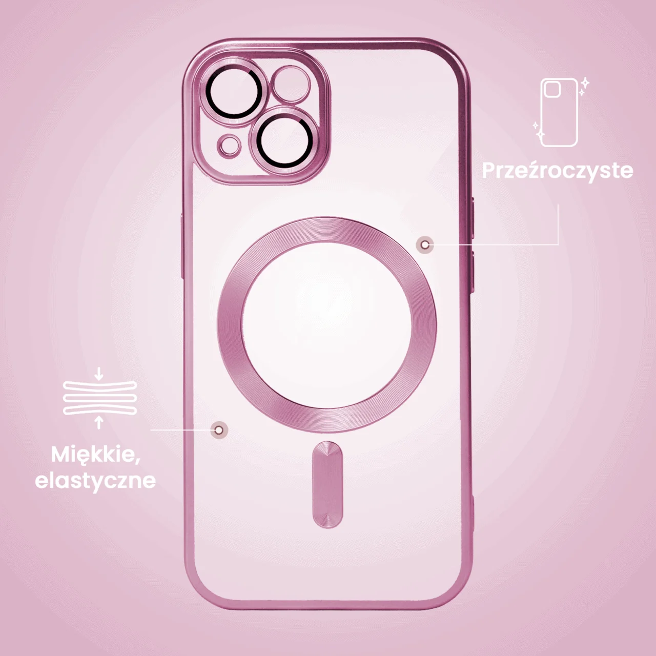 Etui do iPhone 15 Plus MagSafe Luxury Protect przeźroczyste, z osłoną aparatu, Titanium Finish, różowe