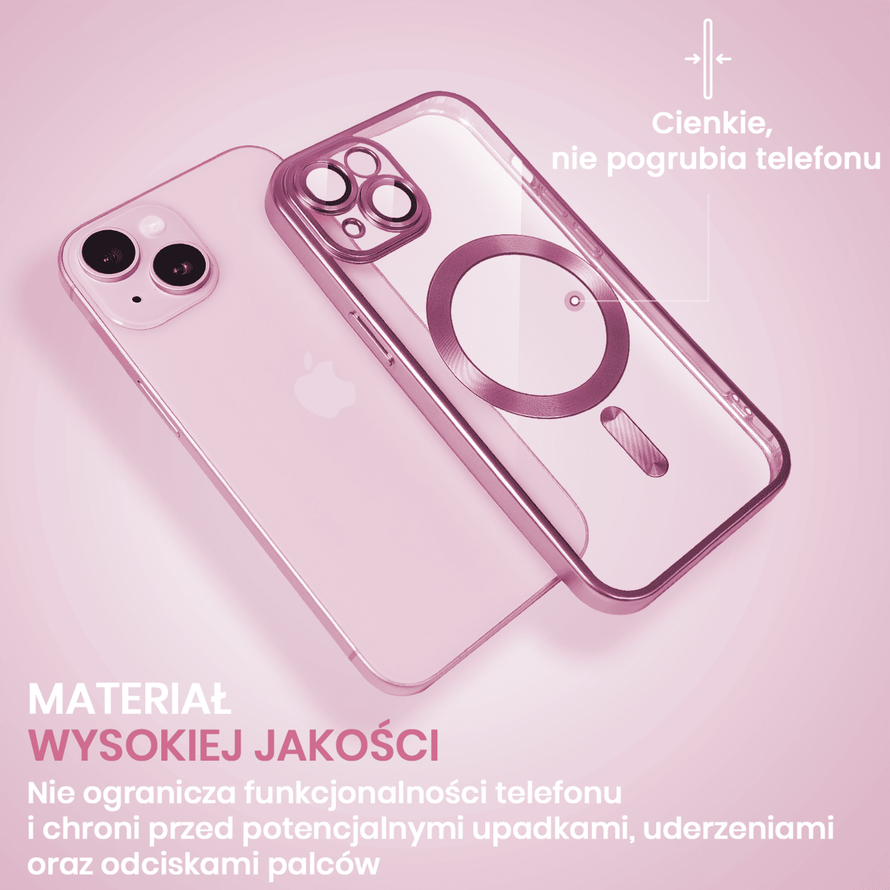 Etui do iPhone 15 Plus MagSafe Luxury Protect przeźroczyste, z osłoną aparatu, Titanium Finish, różowe