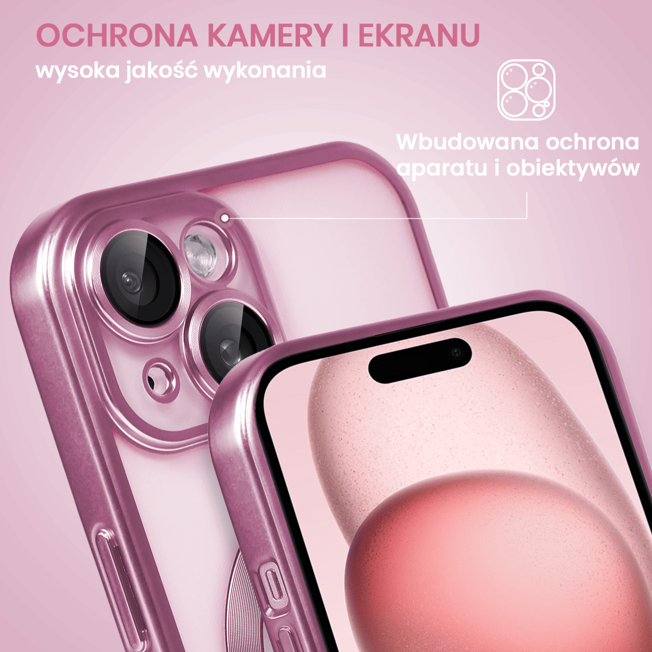 Etui do iPhone 15 Plus MagSafe Luxury Protect przeźroczyste, z osłoną aparatu, Titanium Finish, różowe