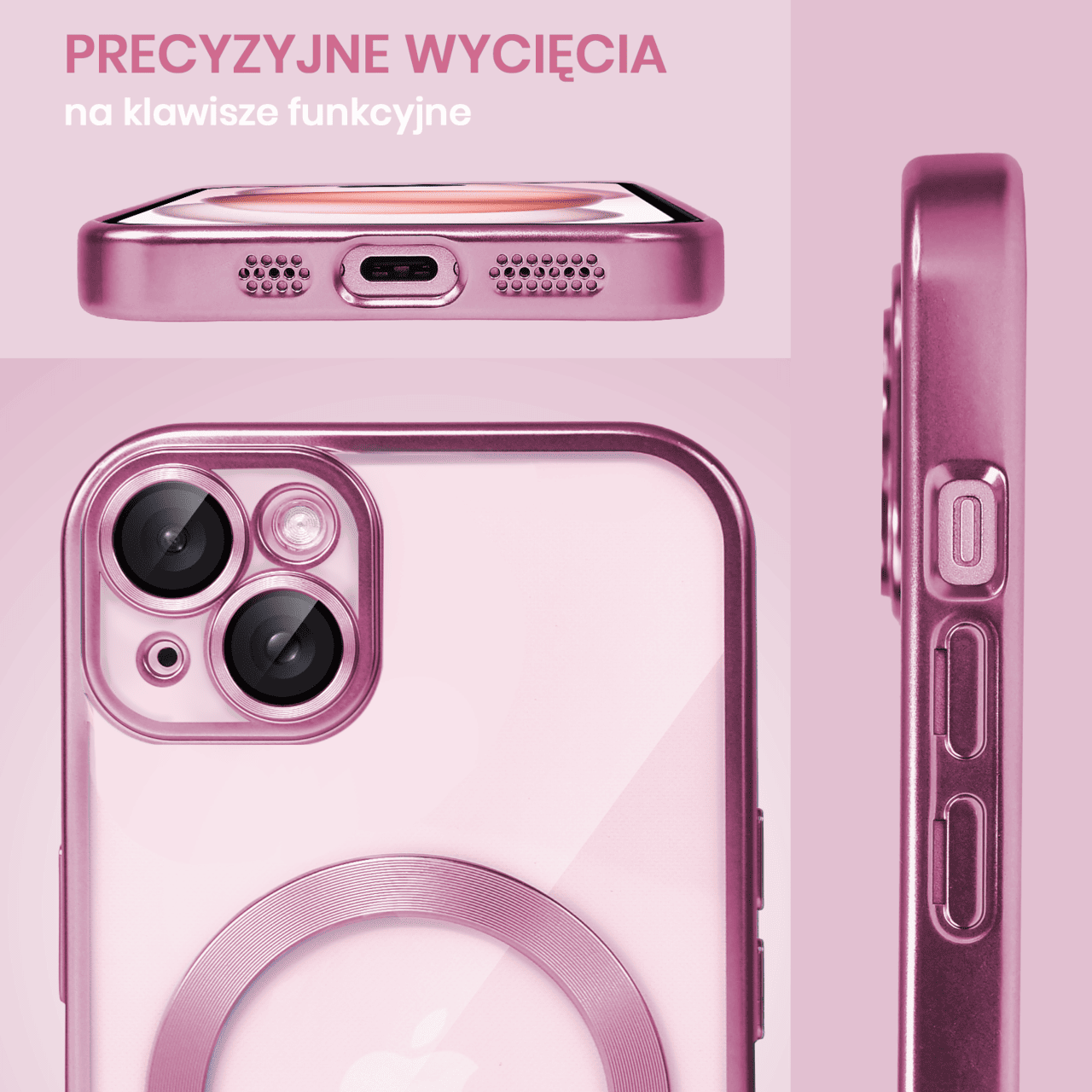 Etui do iPhone 15 Plus MagSafe Luxury Protect przeźroczyste, z osłoną aparatu, Titanium Finish, różowe
