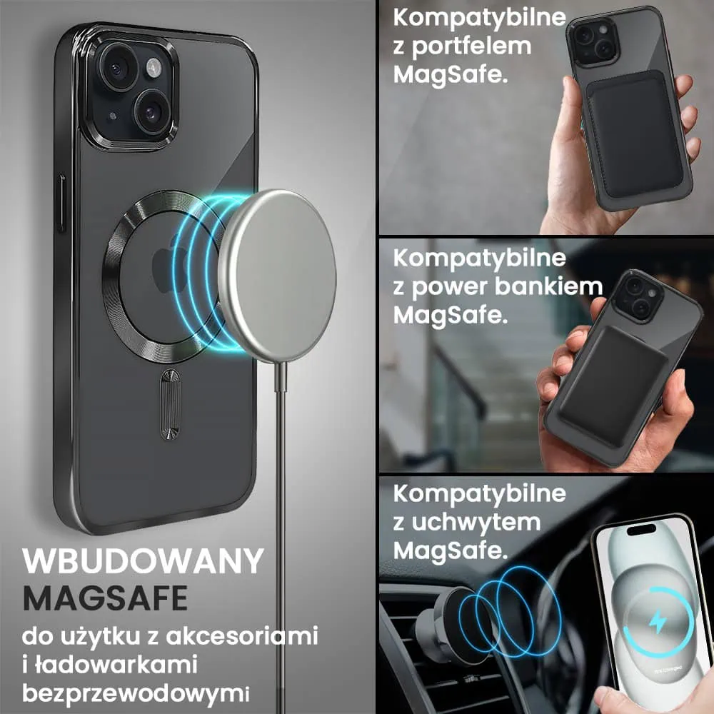 Etui do iPhone 15 Plus MagSafe Luxury, przeźroczyste, czarne