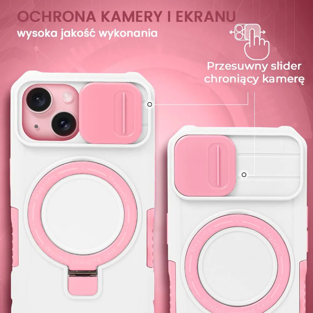 Etui do iPhone 15 MagSafe Slide Camera Stand pancerne, osłona kamery z podstawką, biało-różowe