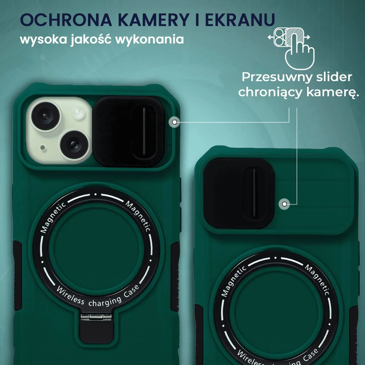Etui do iPhone 15 Plus MagSafe Slide Camera Stand pancerne, osłona kamery z podstawką, zielone