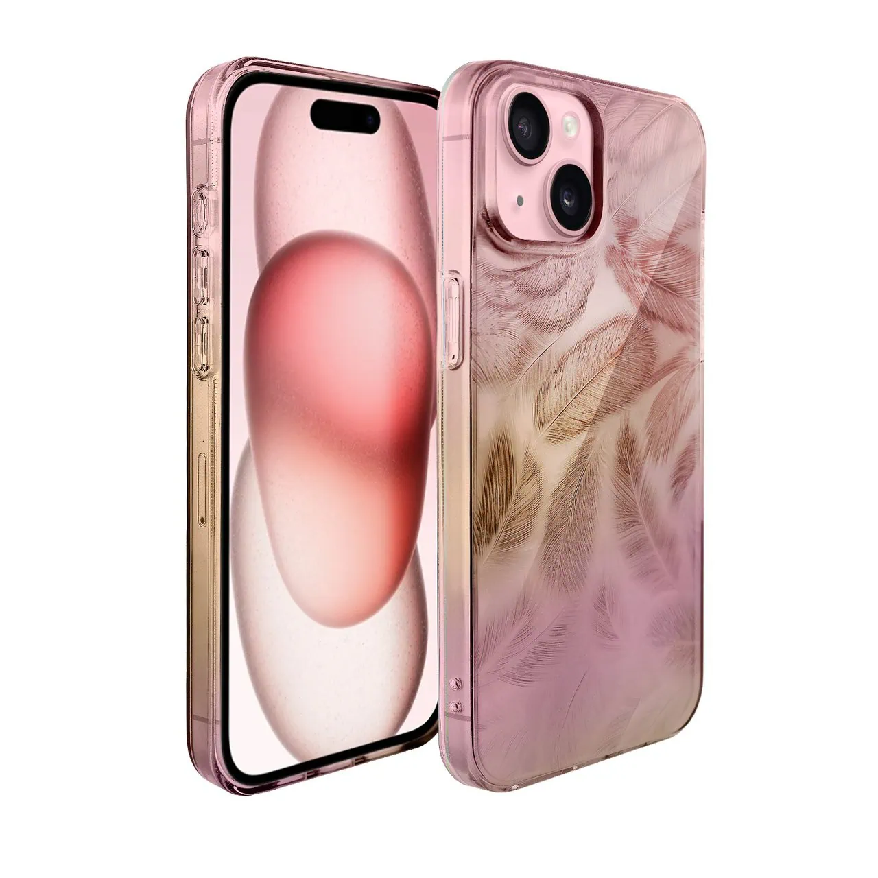 Etui do iPhone 15 Magic Feathers 3D, eleganckie piórka, różowe (OUTLET)