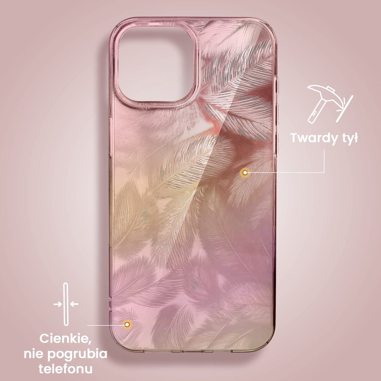 Etui do iPhone 15 Magic Feathers 3D, eleganckie piórka, różowe (OUTLET)