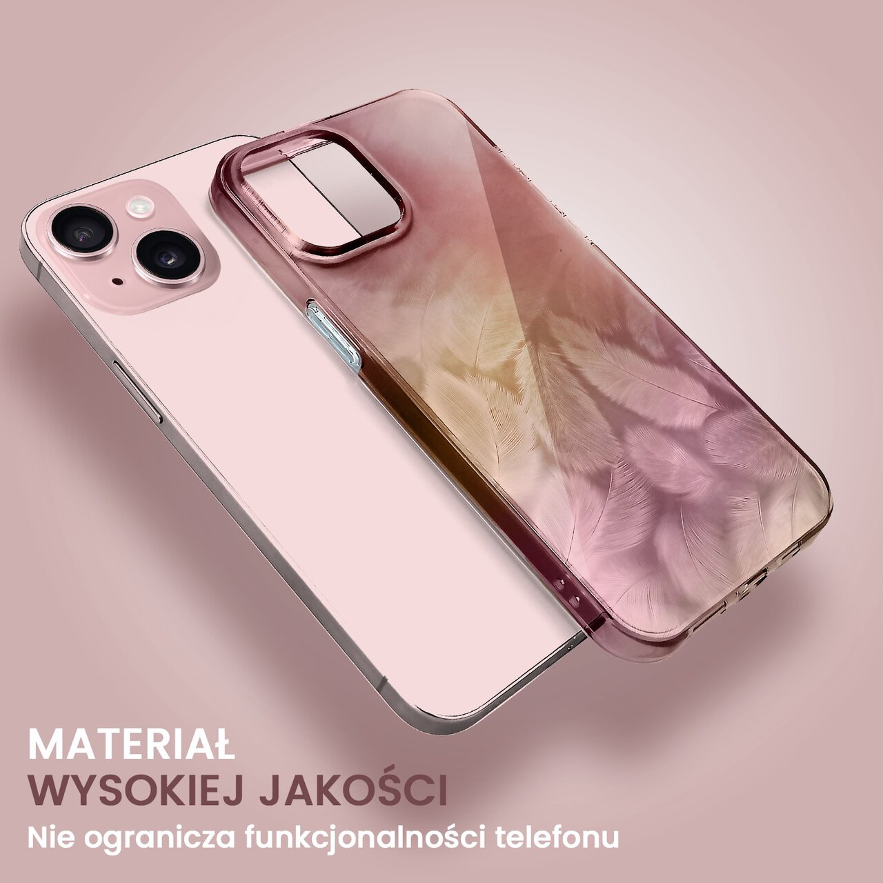 Etui do iPhone 15 Magic Feathers 3D, eleganckie piórka, różowe (OUTLET)