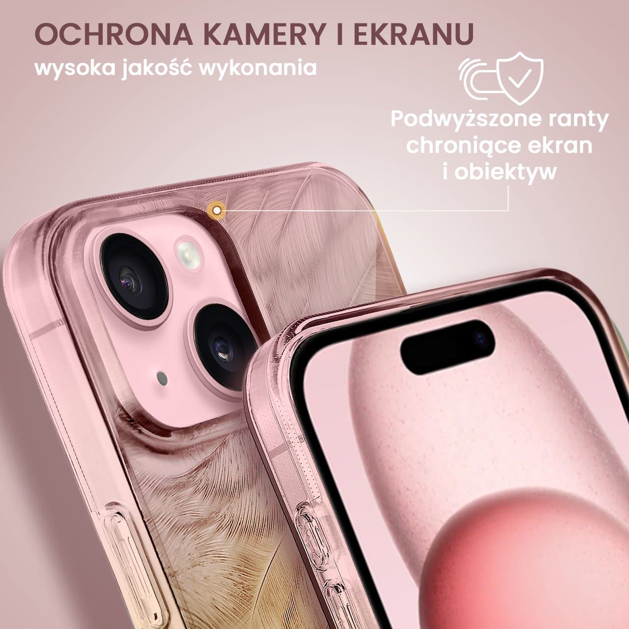 Etui do iPhone 15 Magic Feathers 3D, eleganckie piórka, różowe (OUTLET)