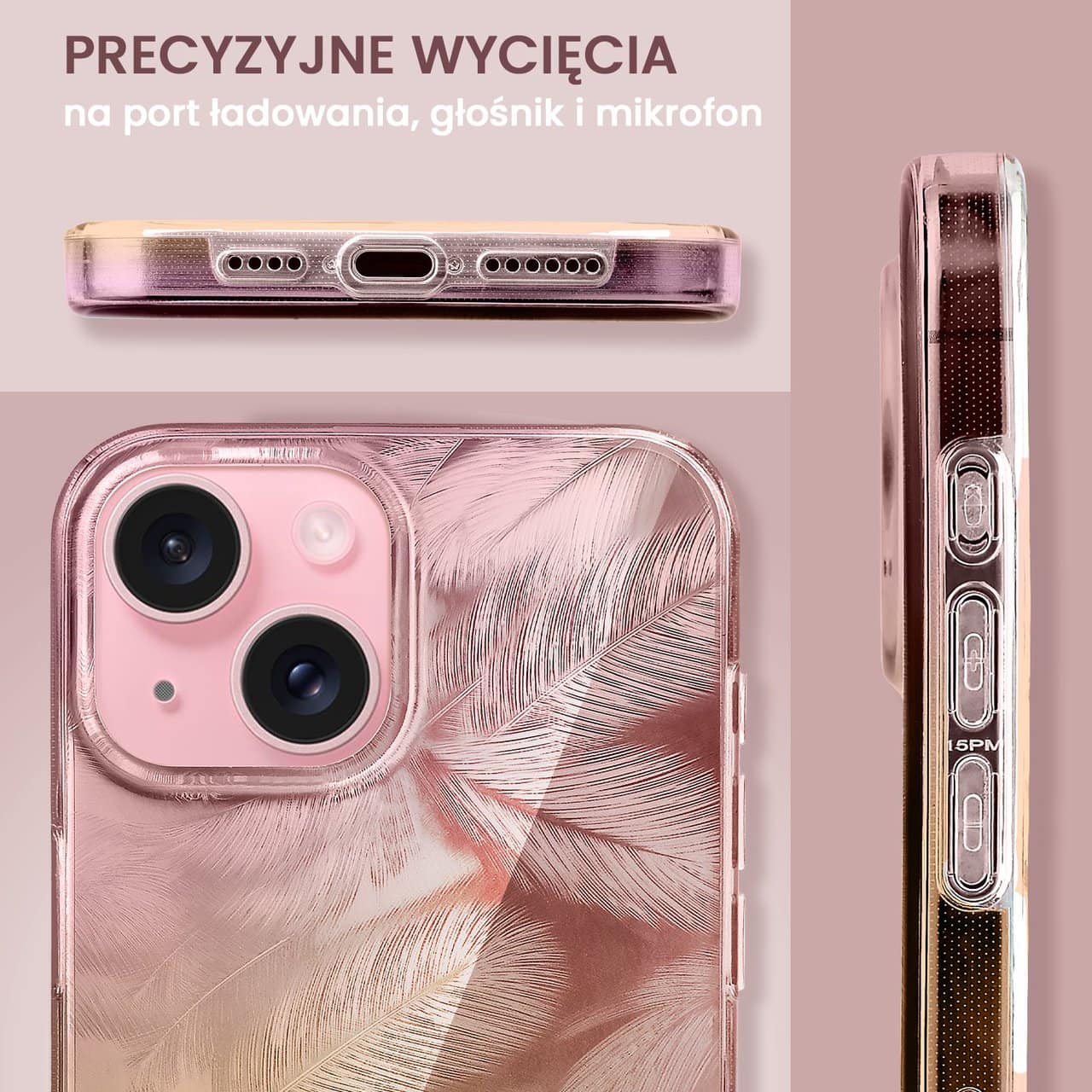 Etui do iPhone 15 Magic Feathers 3D, eleganckie piórka, różowe (OUTLET)