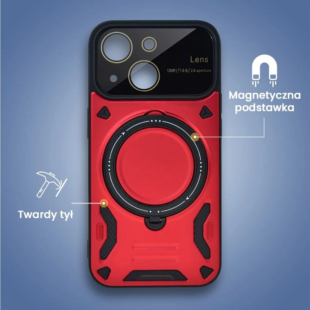 Etui do iPhone 15 Magsafe Camera Beam Stand pancerne, osłona kamery z podstawką, czerwone (OUTLET)