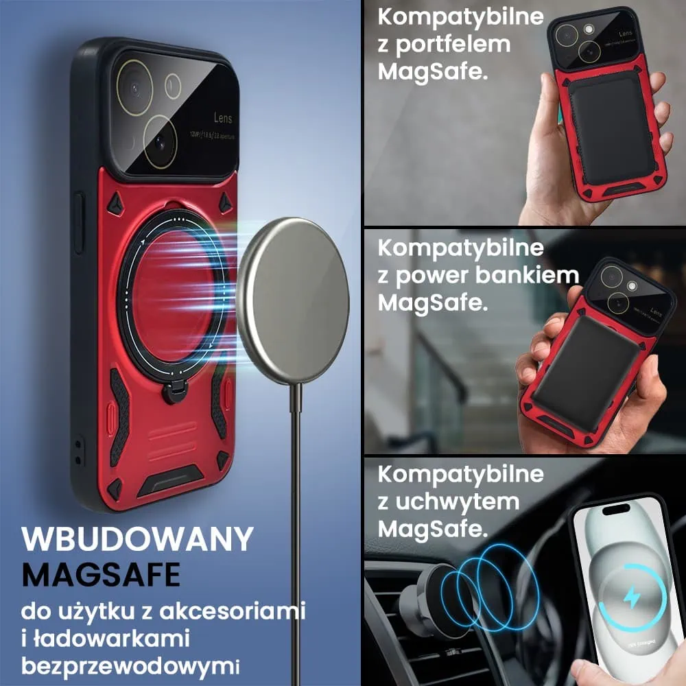 Etui do iPhone 15 Magsafe Camera Beam Stand pancerne, osłona kamery z podstawką, czerwone (OUTLET)