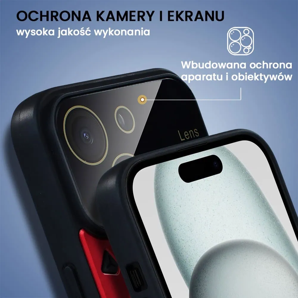 Etui do iPhone 15 Magsafe Camera Beam Stand pancerne, osłona kamery z podstawką, czerwone (OUTLET)