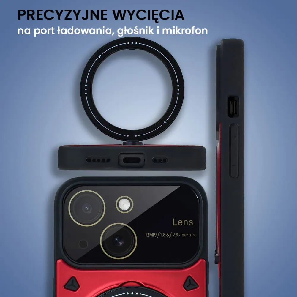 Etui do iPhone 15 Magsafe Camera Beam Stand pancerne, osłona kamery z podstawką, czerwone (OUTLET)