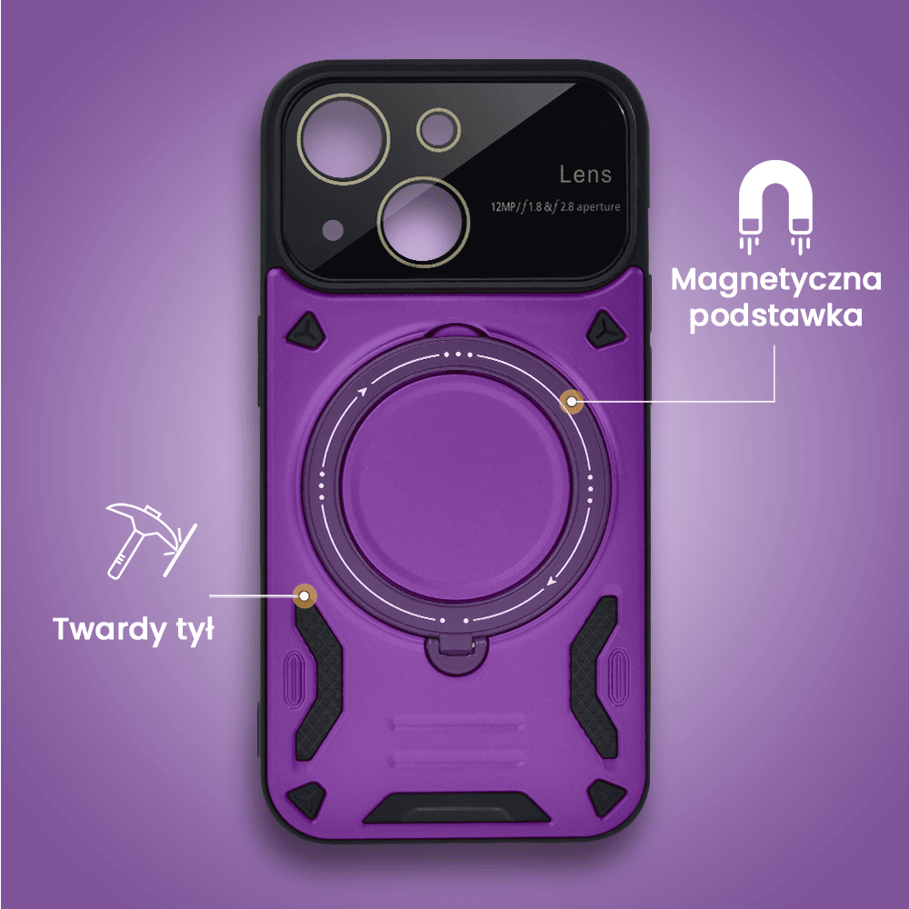 Etui do iPhone 15 Magsafe Camera Beam Stand pancerne, osłona kamery z podstawką, fioletowe