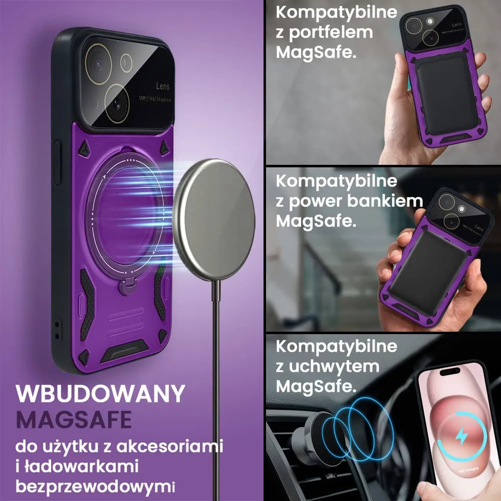 Etui do iPhone 15 Magsafe Camera Beam Stand pancerne, osłona kamery z podstawką, fioletowe
