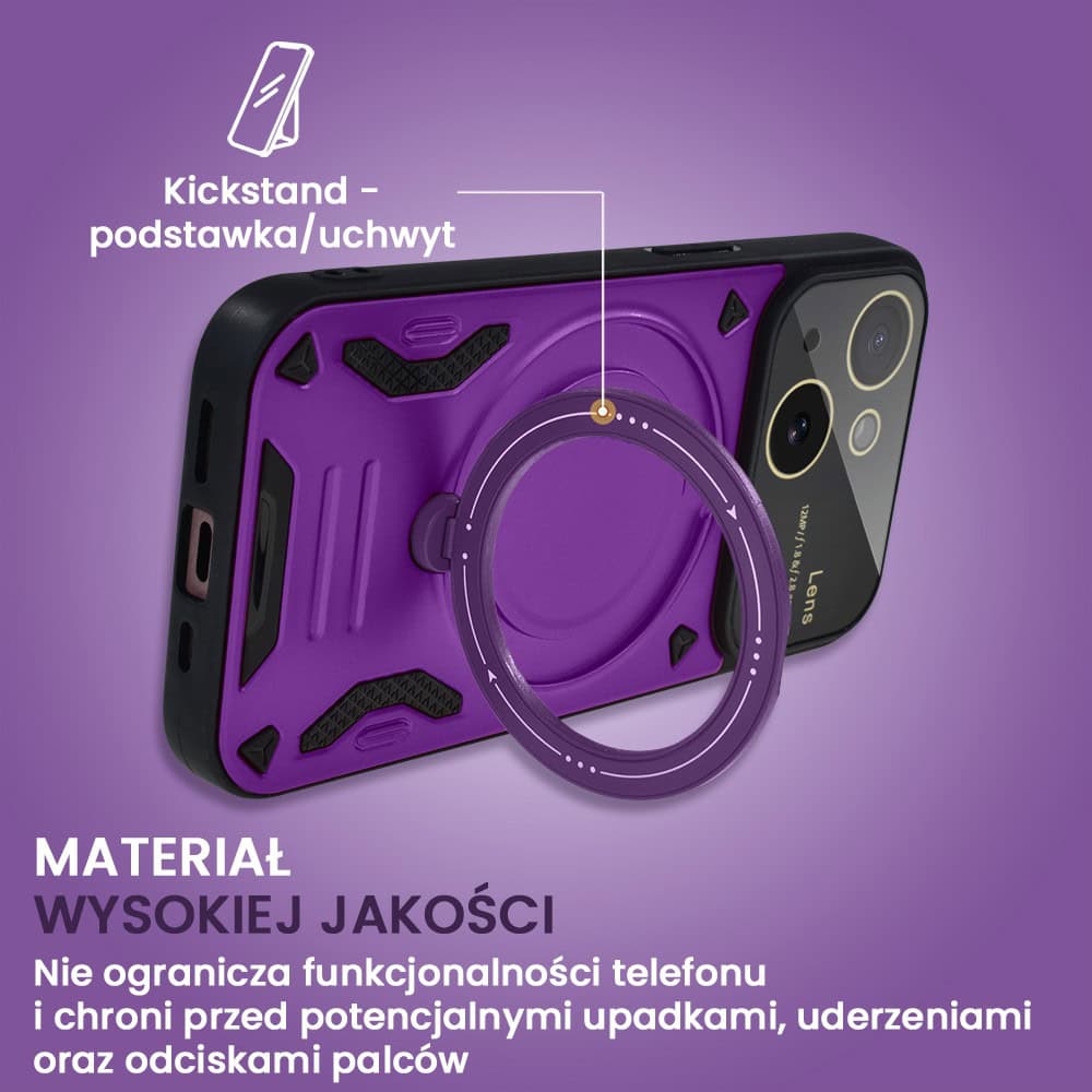 Etui do iPhone 15 Magsafe Camera Beam Stand pancerne, osłona kamery z podstawką, fioletowe