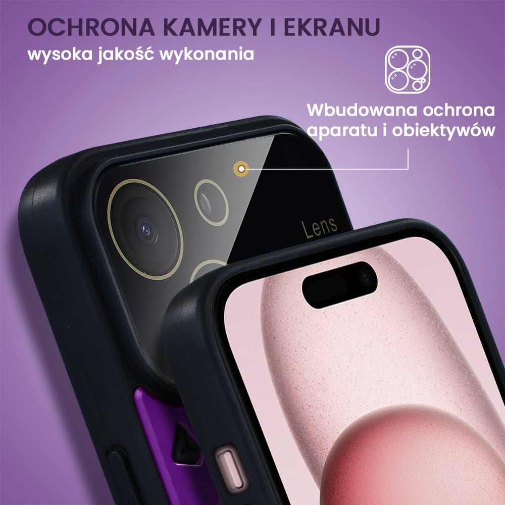 Etui do iPhone 15 Magsafe Camera Beam Stand pancerne, osłona kamery z podstawką, fioletowe