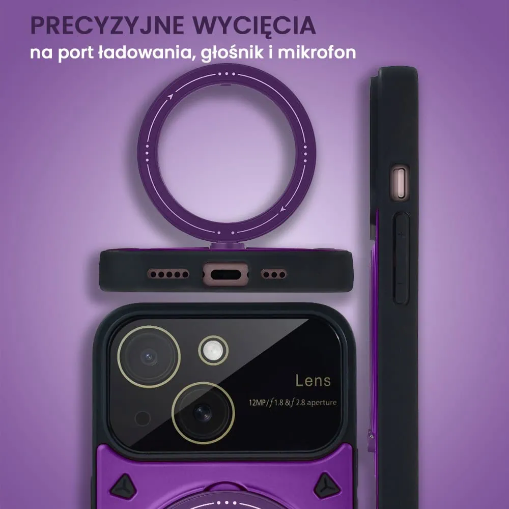 Etui do iPhone 15 Magsafe Camera Beam Stand pancerne, osłona kamery z podstawką, fioletowe