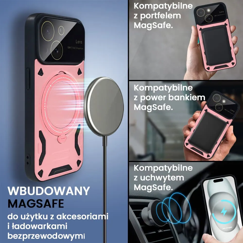 Etui do iPhone 15 Magsafe Camera Beam Stand pancerne, osłona kamery z podstawką, różowe (OUTLET)