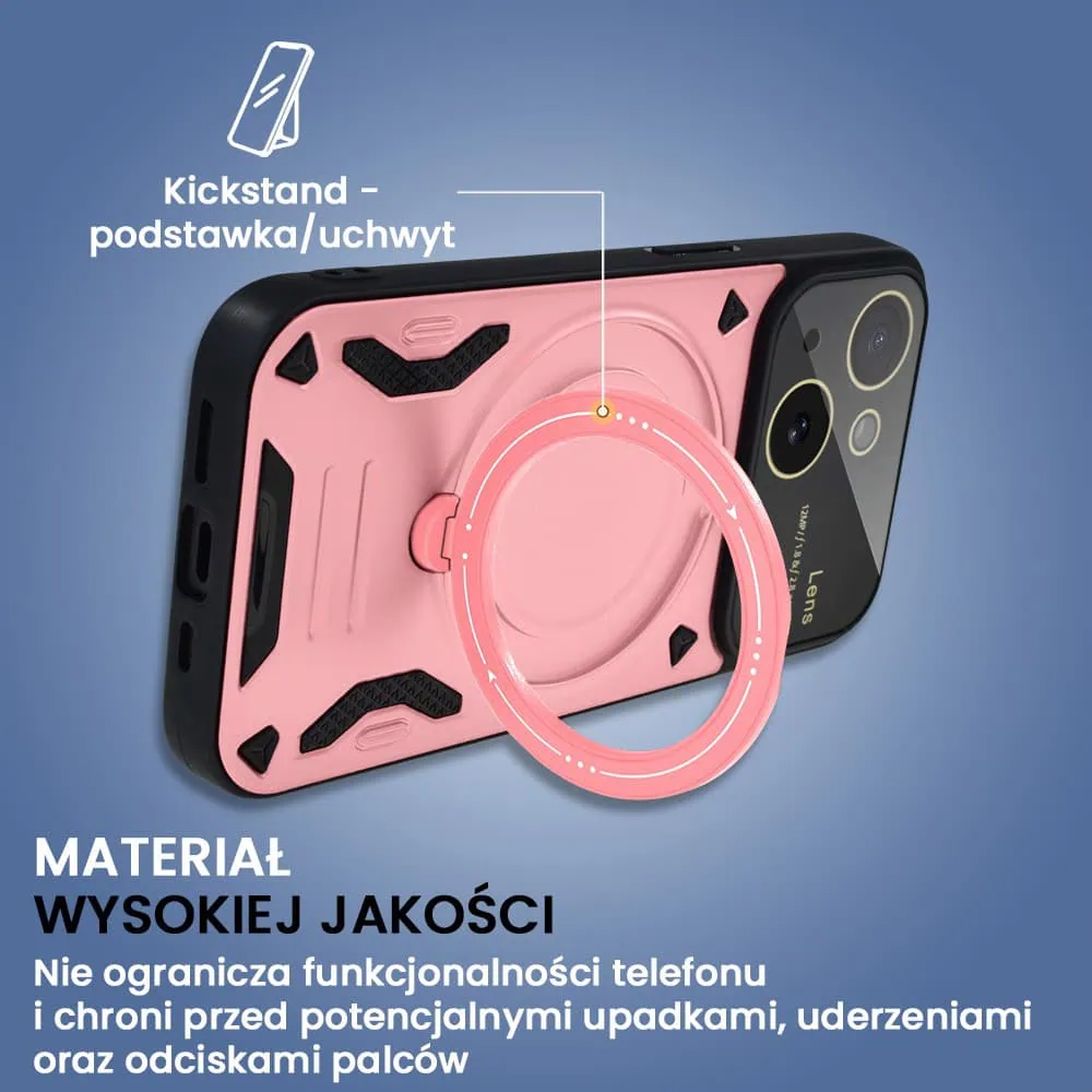Etui do iPhone 15 Magsafe Camera Beam Stand pancerne, osłona kamery z podstawką, różowe (OUTLET)