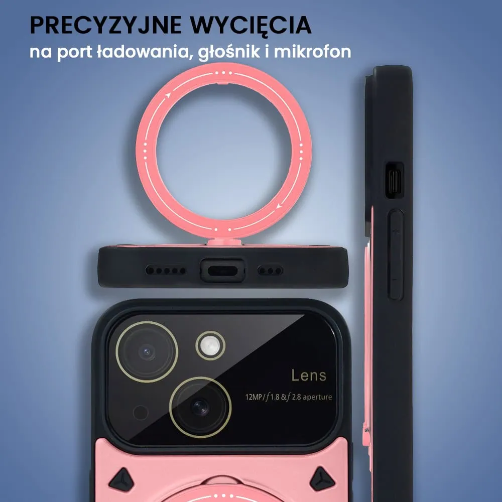 Etui do iPhone 15 Magsafe Camera Beam Stand pancerne, osłona kamery z podstawką, różowe (OUTLET)