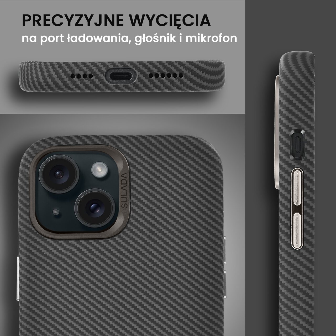 Etui do iPhone 15, Magsafe Carbon Skin, cienkie, karbonowe, Sulada original, czarne