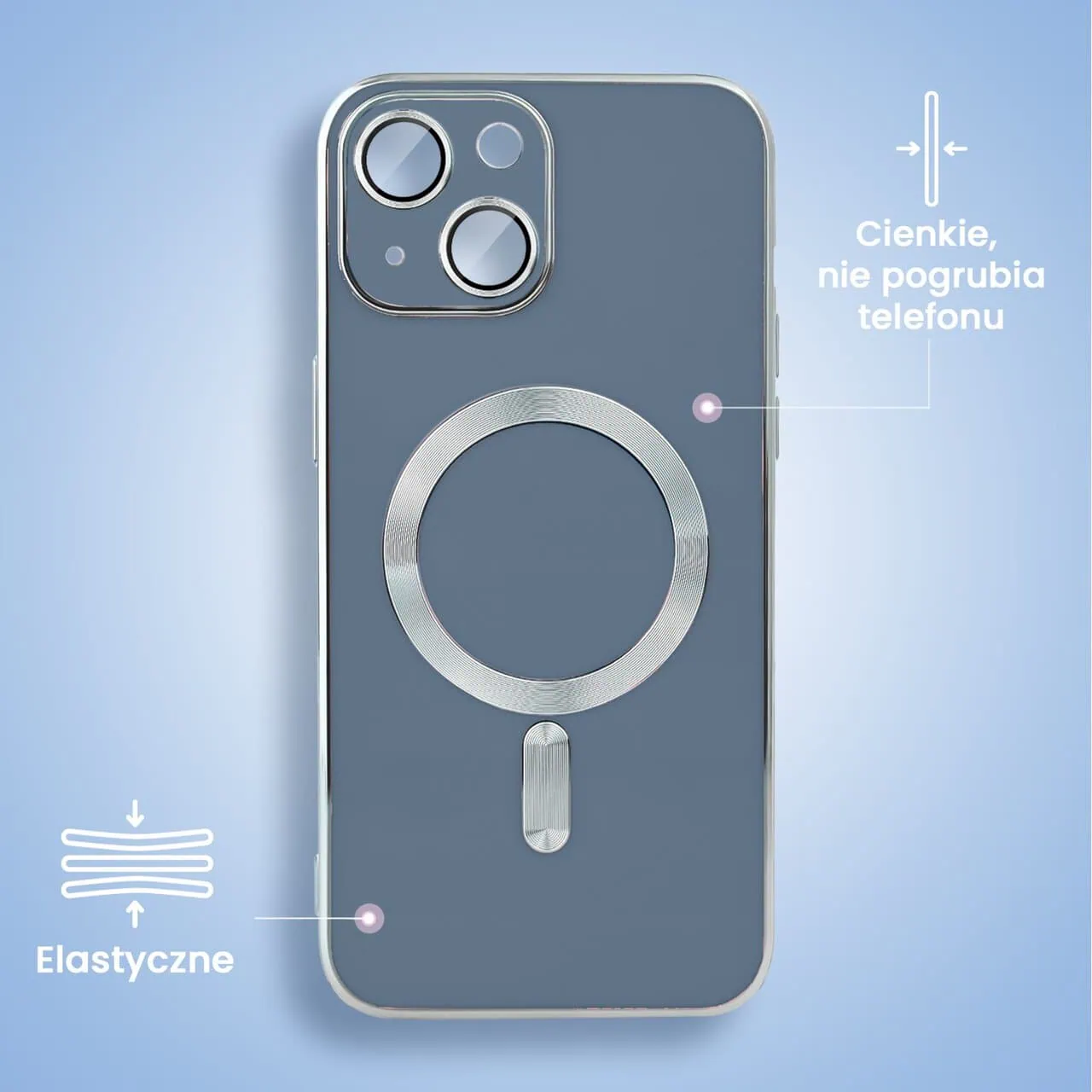 Etui do iPhone 15 Magsafe Silver Elegance, z osłoną aparatu, delikatnie niebieskie