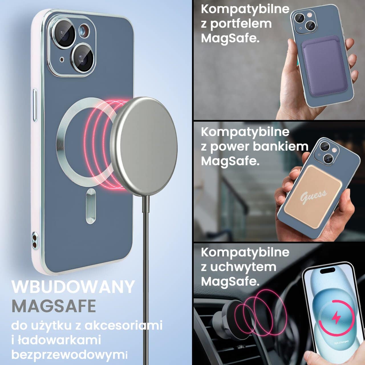 Etui do iPhone 15 Magsafe Silver Elegance, z osłoną aparatu, delikatnie niebieskie