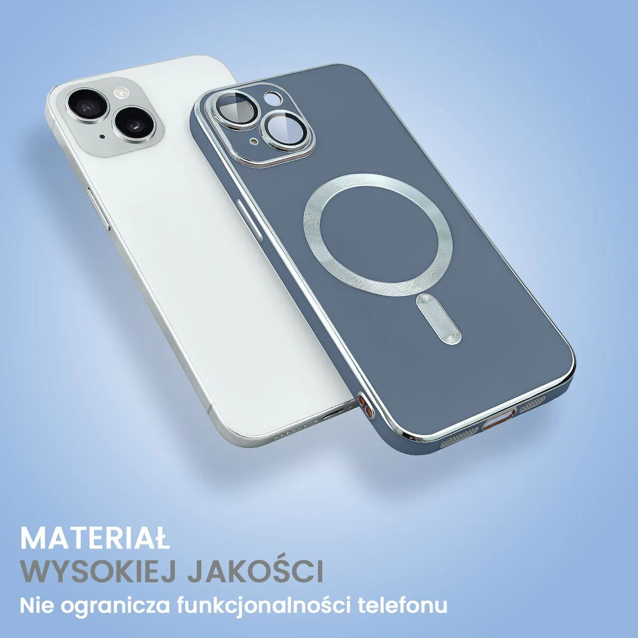 Etui do iPhone 15 Magsafe Silver Elegance, z osłoną aparatu, delikatnie niebieskie