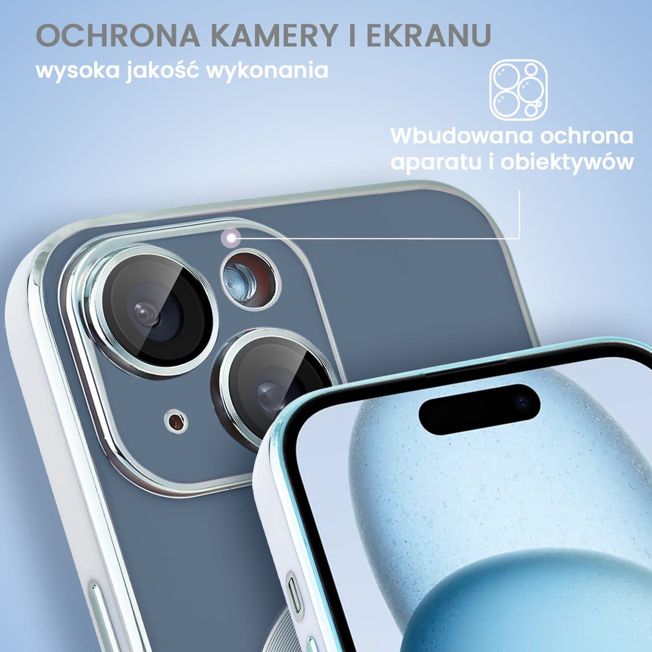Etui do iPhone 15 Magsafe Silver Elegance, z osłoną aparatu, delikatnie niebieskie