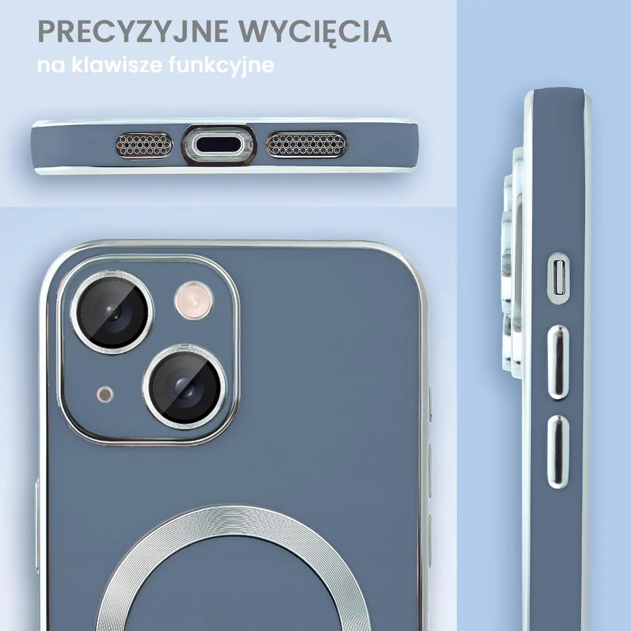 Etui do iPhone 15 Magsafe Silver Elegance, z osłoną aparatu, delikatnie niebieskie