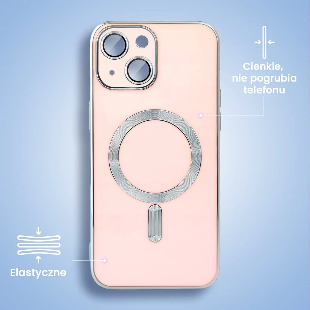 Etui do iPhone 15 Magsafe Silver Elegance, z osłoną aparatu, delikatnie różowe