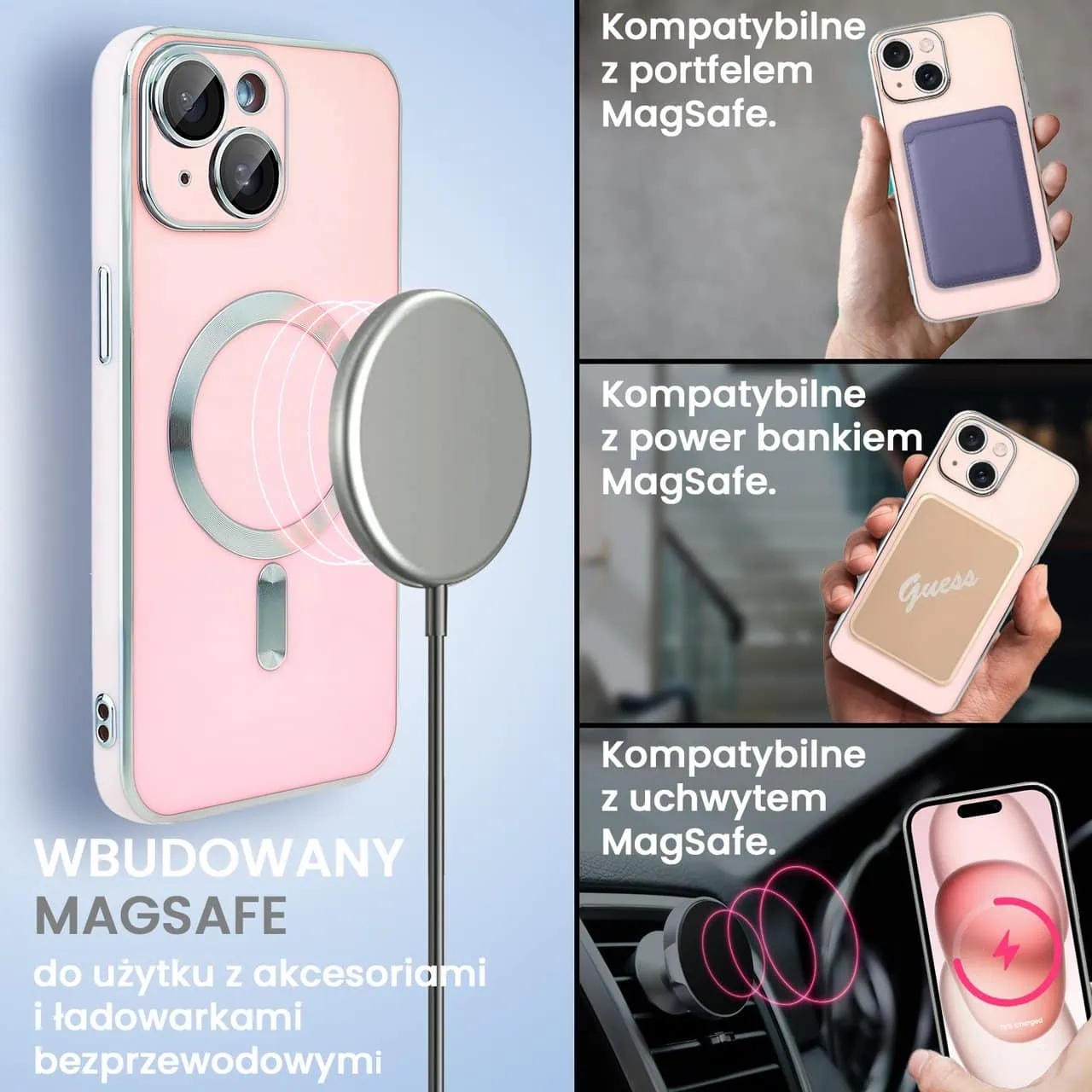 Etui do iPhone 15 Magsafe Silver Elegance, z osłoną aparatu, delikatnie różowe