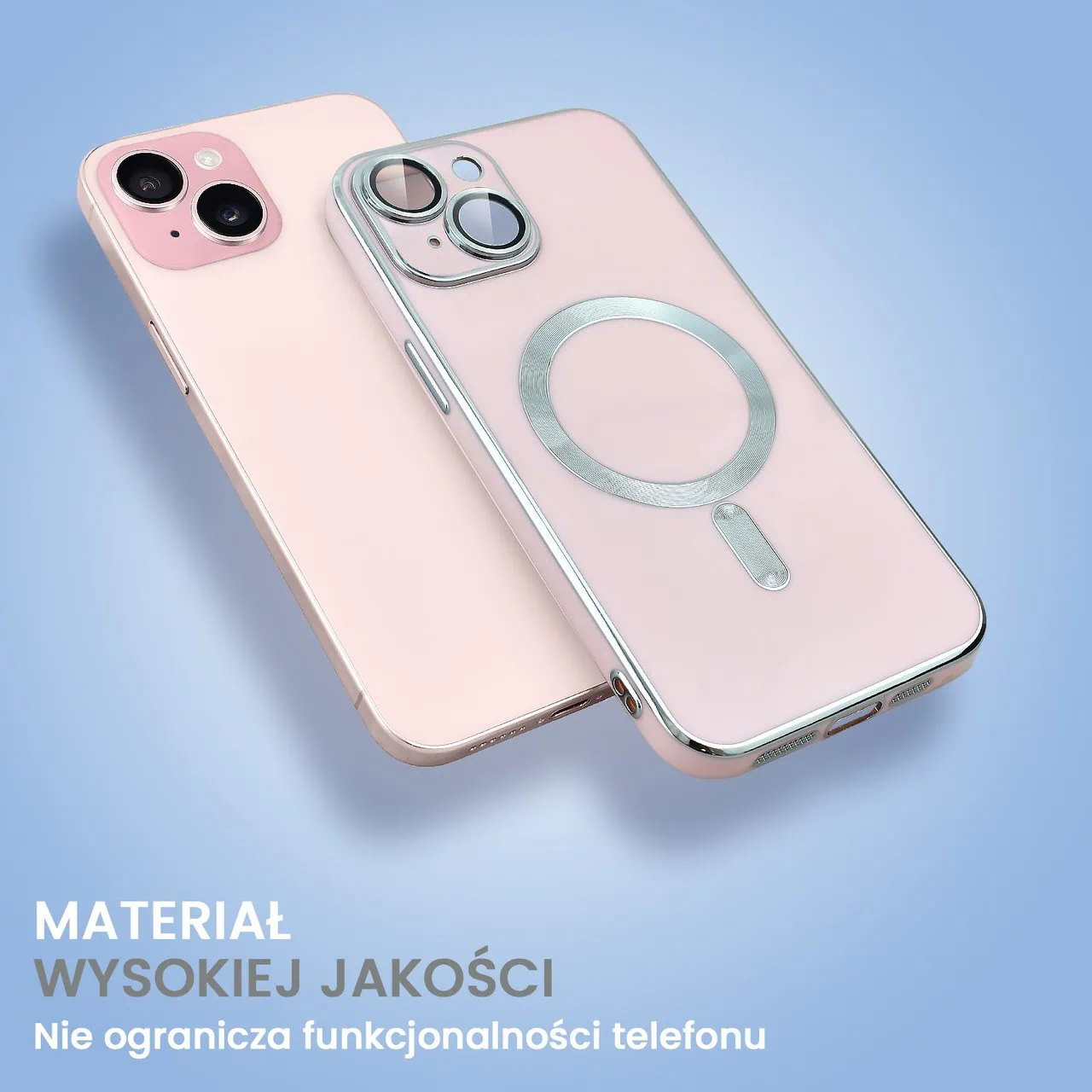Etui do iPhone 15 Magsafe Silver Elegance, z osłoną aparatu, delikatnie różowe