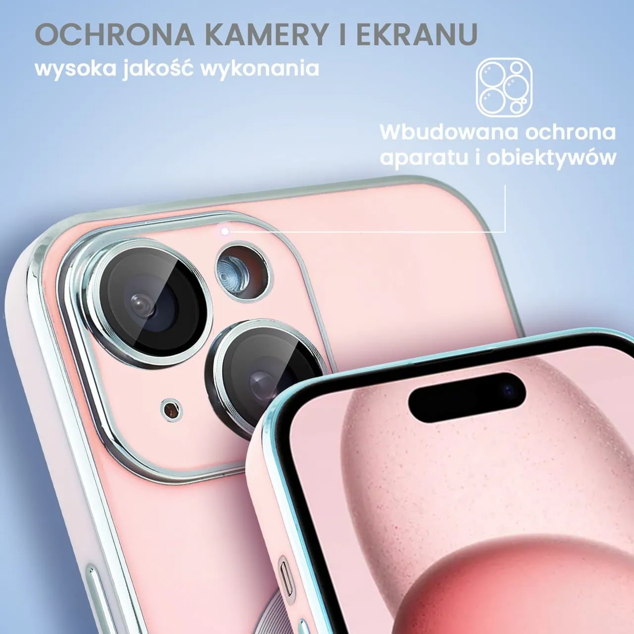 Etui do iPhone 15 Magsafe Silver Elegance, z osłoną aparatu, delikatnie różowe