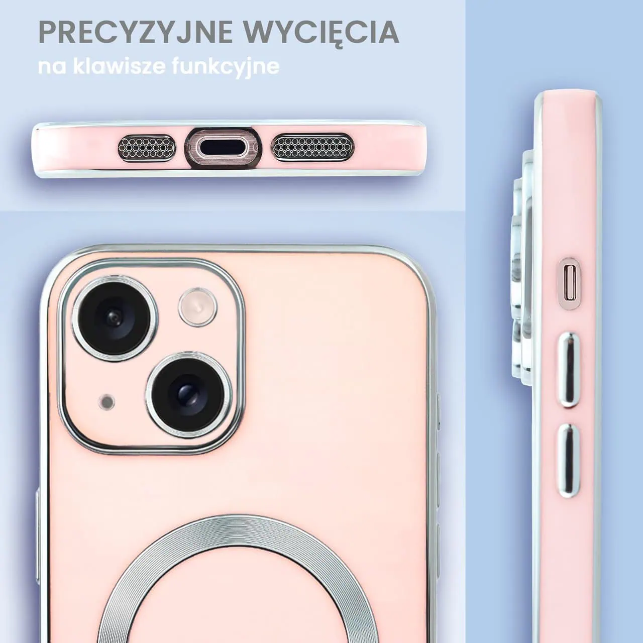 Etui do iPhone 15 Magsafe Silver Elegance, z osłoną aparatu, delikatnie różowe