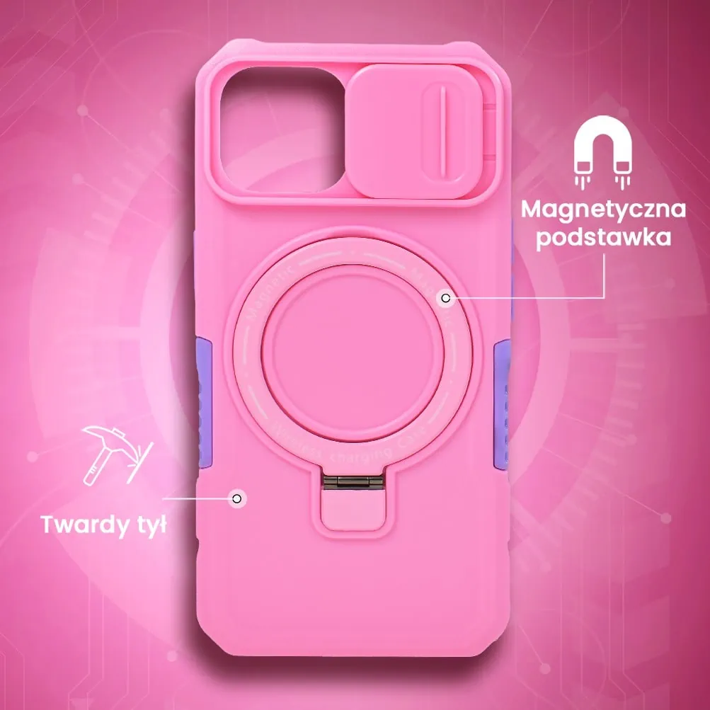 Etui do iPhone 15 MagSafe Slide Camera Stand pancerne, osłona kamery z podstawką, różowe