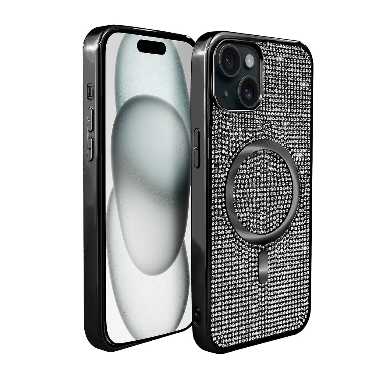 Etui do iPhone 15 Magsafe Tresury Case, diamentowe, z błyszczącą ramką, czarne