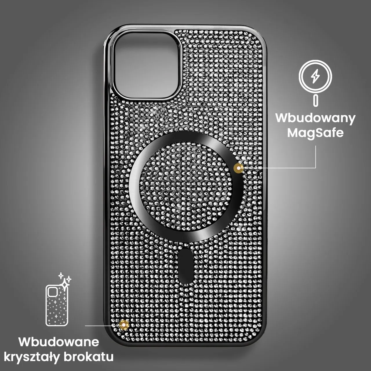 Etui do iPhone 15 Magsafe Tresury Case, diamentowe, z błyszczącą ramką, czarne