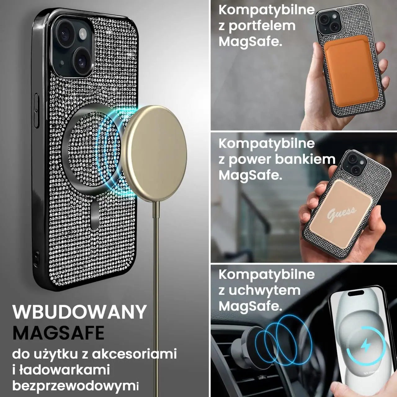 Etui do iPhone 15 Magsafe Tresury Case, diamentowe, z błyszczącą ramką, czarne
