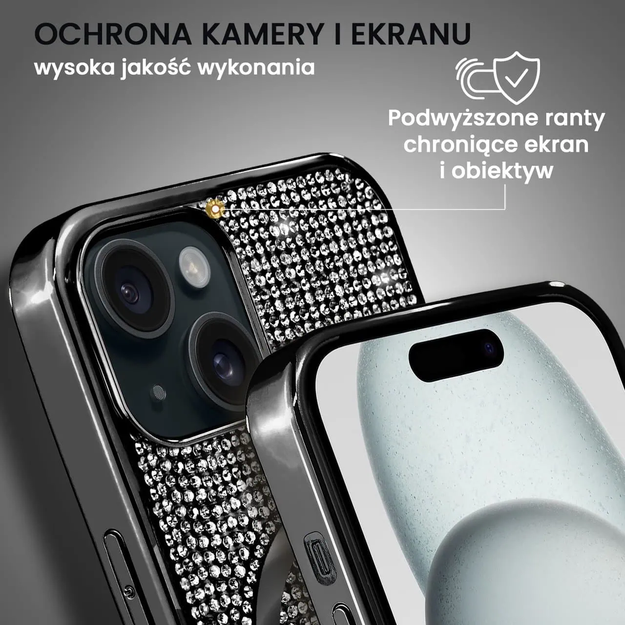 Etui do iPhone 15 Magsafe Tresury Case, diamentowe, z błyszczącą ramką, czarne