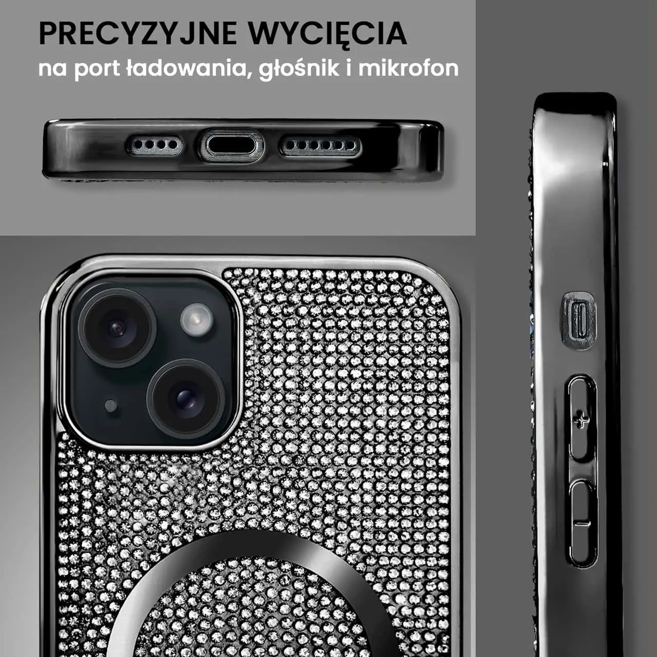 Etui do iPhone 15 Magsafe Tresury Case, diamentowe, z błyszczącą ramką, czarne