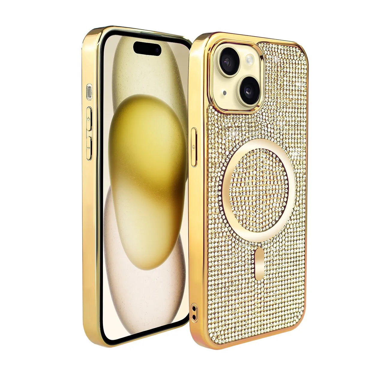 Etui do iPhone 15 Plus Magsafe Tresury Case, diamentowe, z błyszczącą ramką, złote (OUTLET)