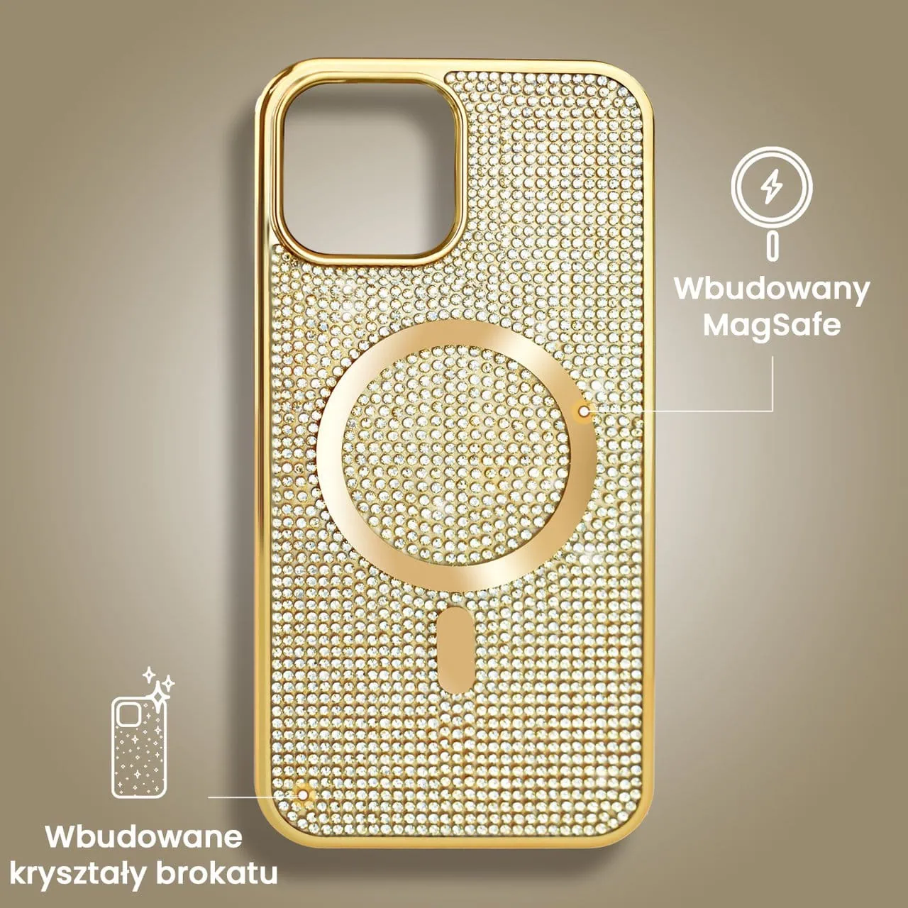 Etui do iPhone 15 Plus Magsafe Tresury Case, diamentowe, z błyszczącą ramką, złote (OUTLET)