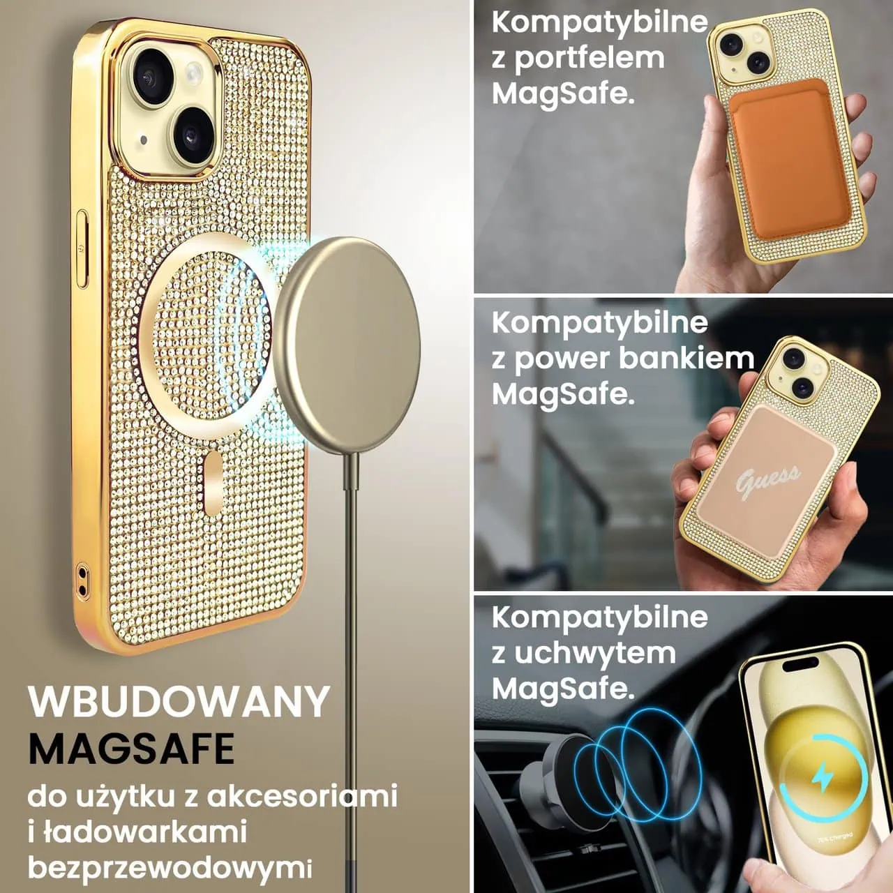 Etui do iPhone 15 Plus Magsafe Tresury Case, diamentowe, z błyszczącą ramką, złote (OUTLET)