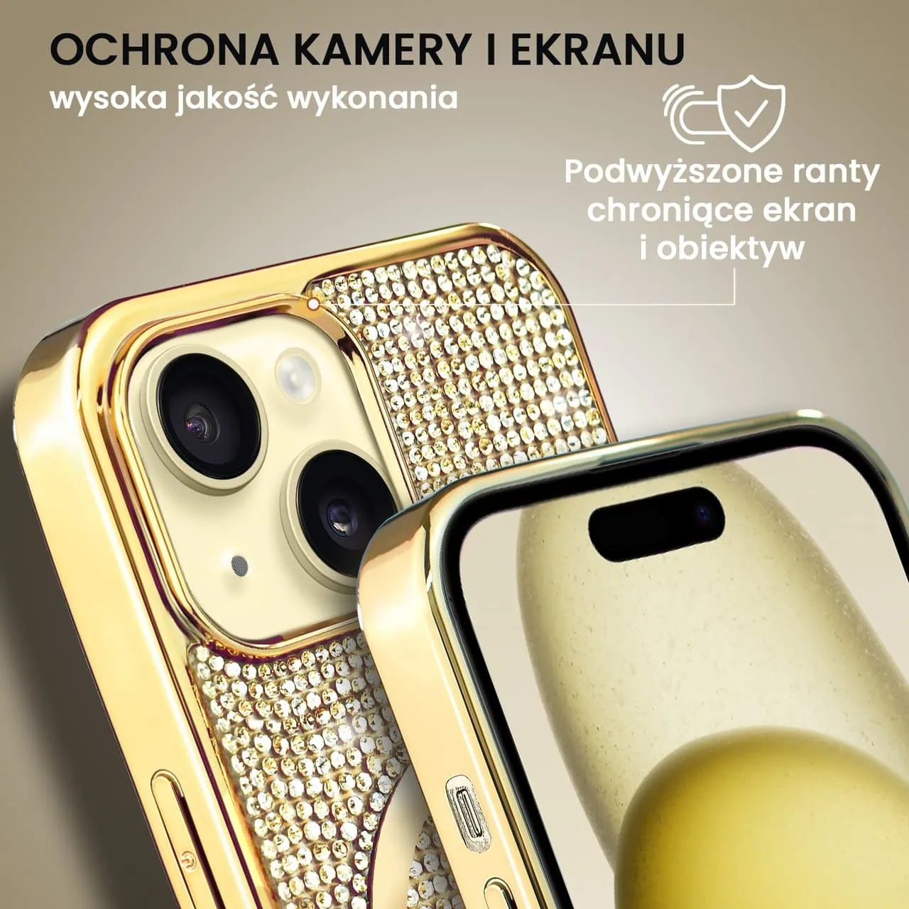 Etui do iPhone 15 Plus Magsafe Tresury Case, diamentowe, z błyszczącą ramką, złote (OUTLET)