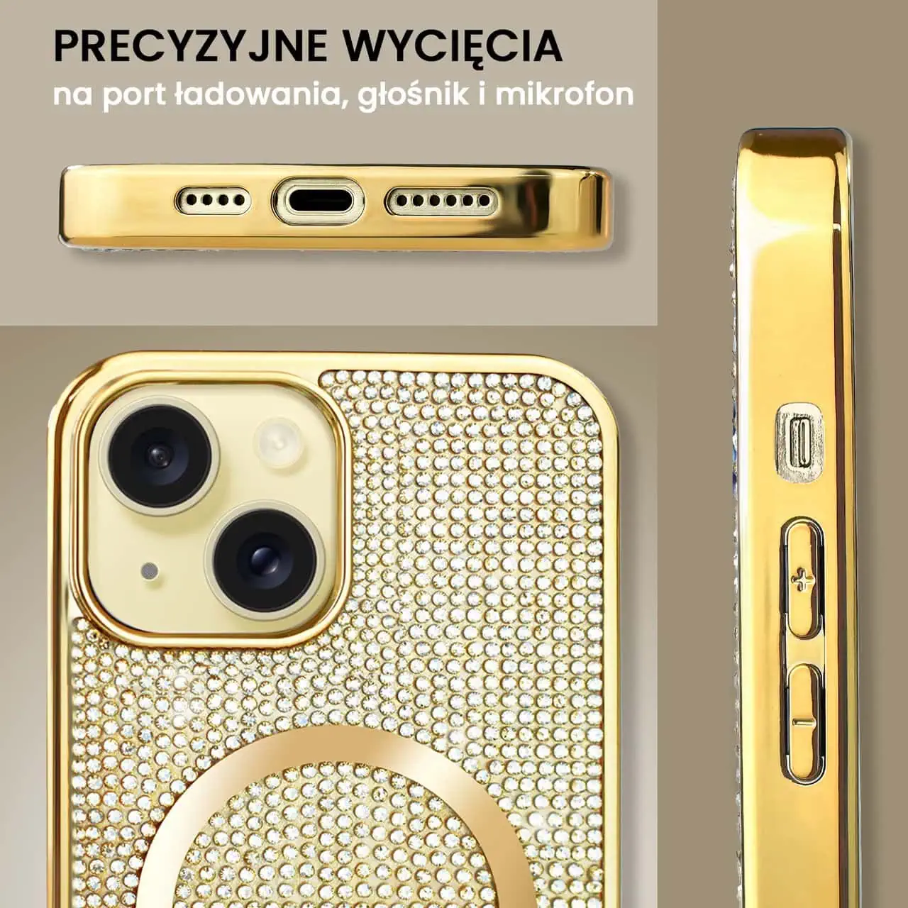 Etui do iPhone 15 Plus Magsafe Tresury Case, diamentowe, z błyszczącą ramką, złote (OUTLET)