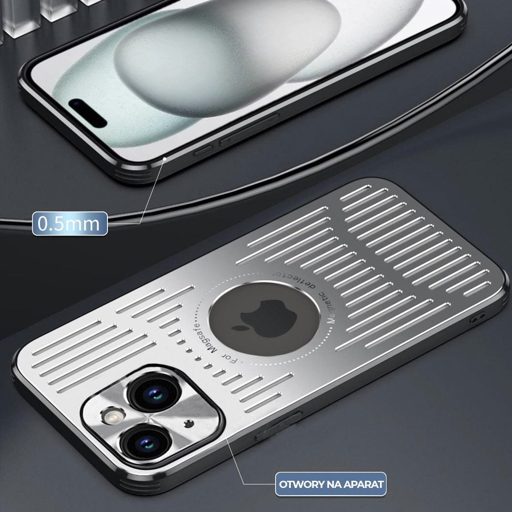 Etui do iPhone 15 Plus Metal Defender z osłoną aparatu, metalowe z widocznym logo, srebrne