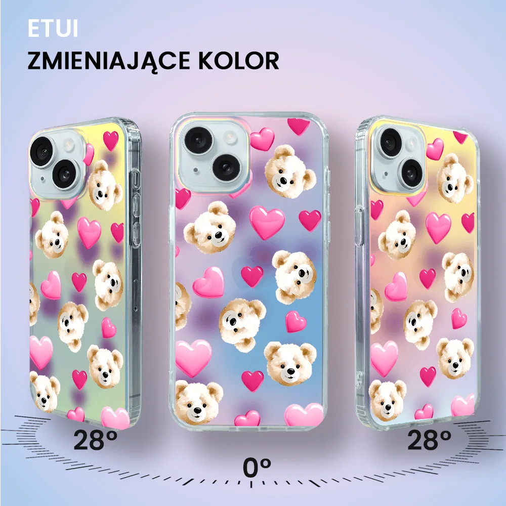Etui do iPhone 15 Plus Bear With Me, Love Mood, miś i serduszka, zmieniające kolor